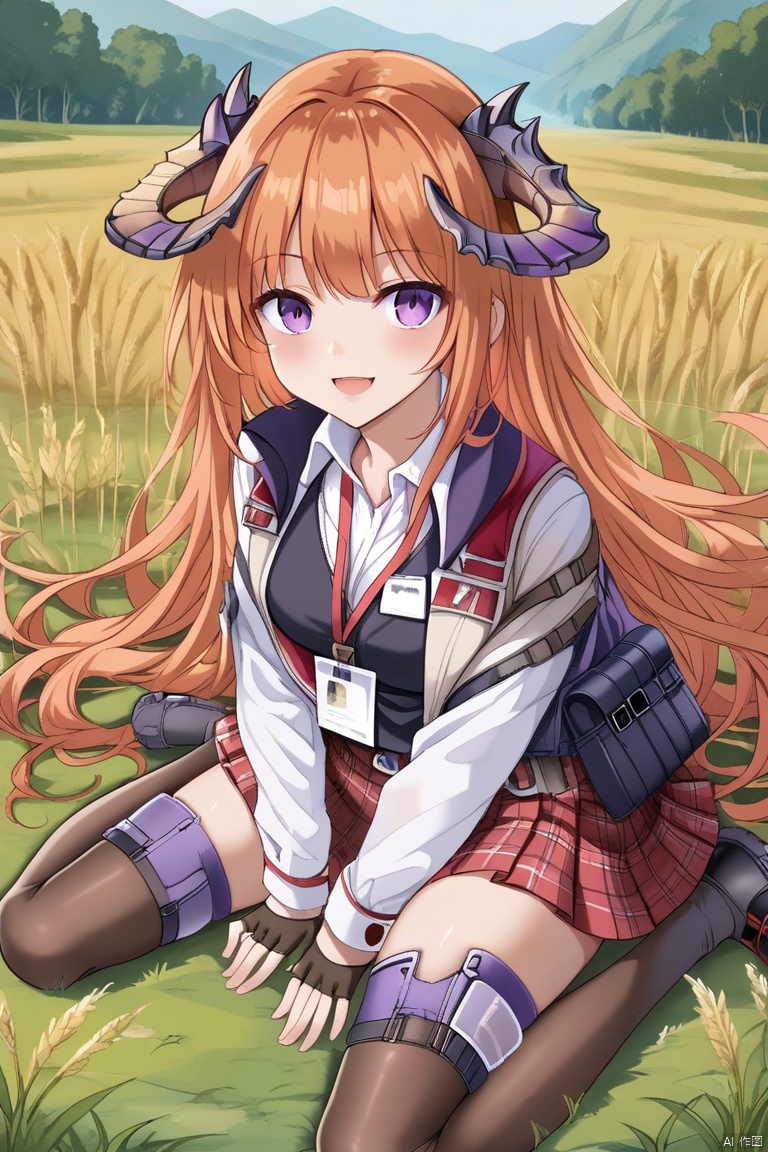 1girl, solo, long hair, breasts, looking at viewer, blush, smile, open mouth, bangs, skirt, shirt, thighhighs, gloves, long sleeves, sitting, very long hair, purple eyes, jacket, full body, white shirt, :d, pleated skirt, outdoors, horns, shoes, day, black gloves, collared shirt, black thighhighs, miniskirt, fingerless gloves, black footwear, orange hair, vest, zettai ryouiki, plaid, red skirt, plaid skirt, wariza, grass, between legs, dragon horns, pouch, id card