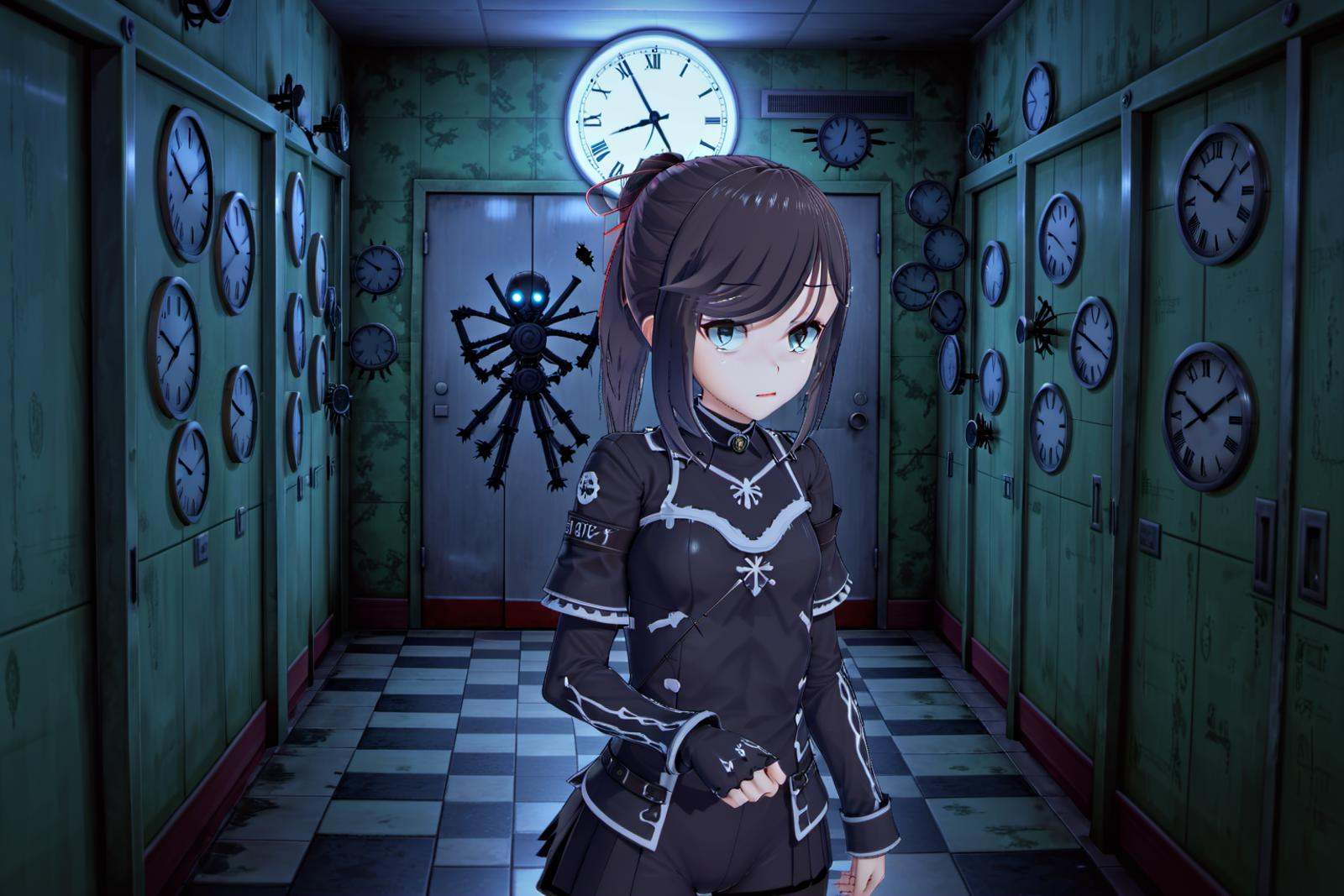 combat armor,  holding a gun,  room with clocks on Tensor.Art