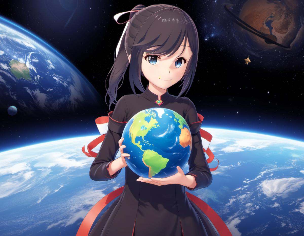 A girl holding planet earth between her hands,  jvdaniang,  planet size on Tensor.Art