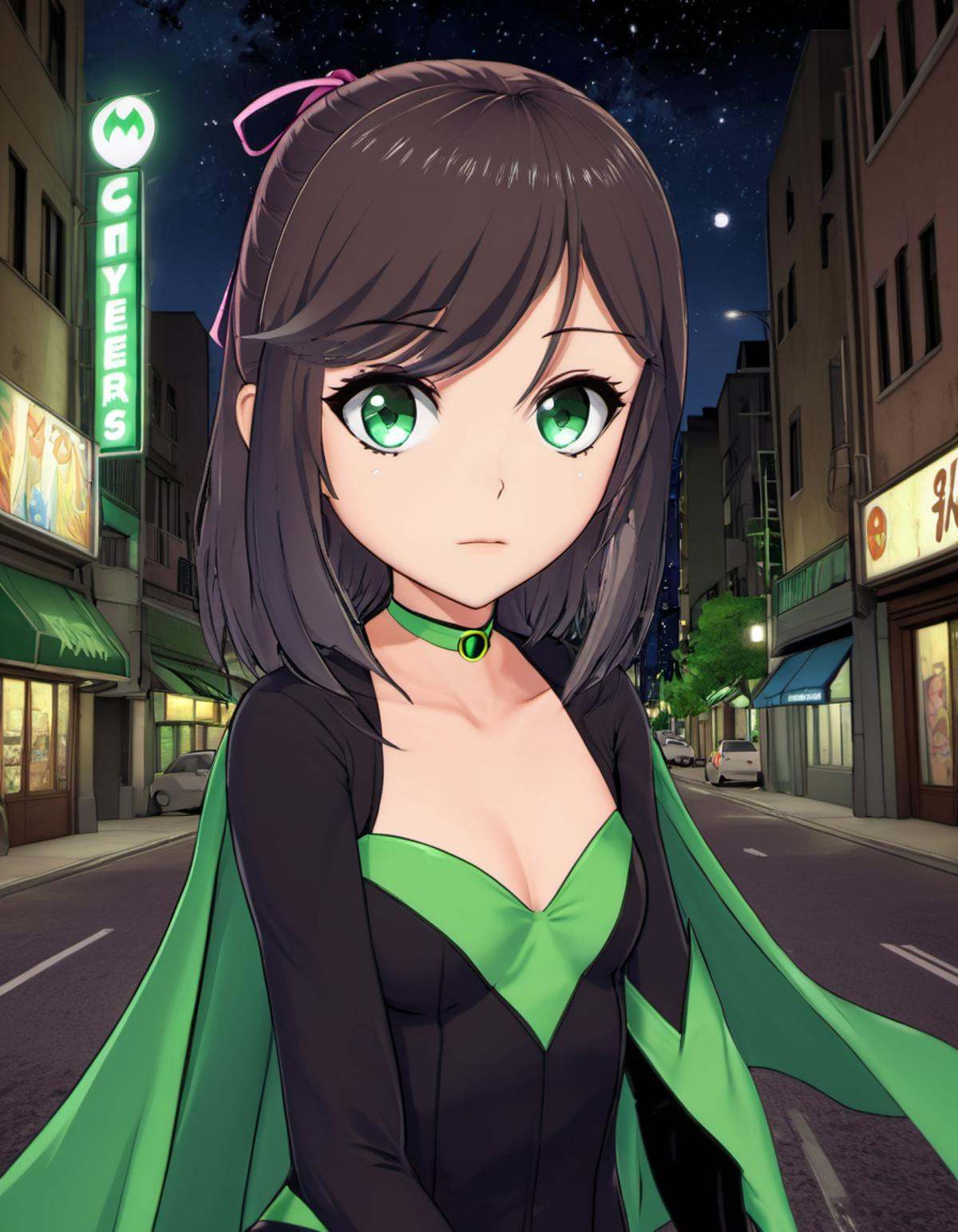 . green eyes. medium hair. hair ribbon as a comicbook superhero,  city streets,  night on Tensor.Art