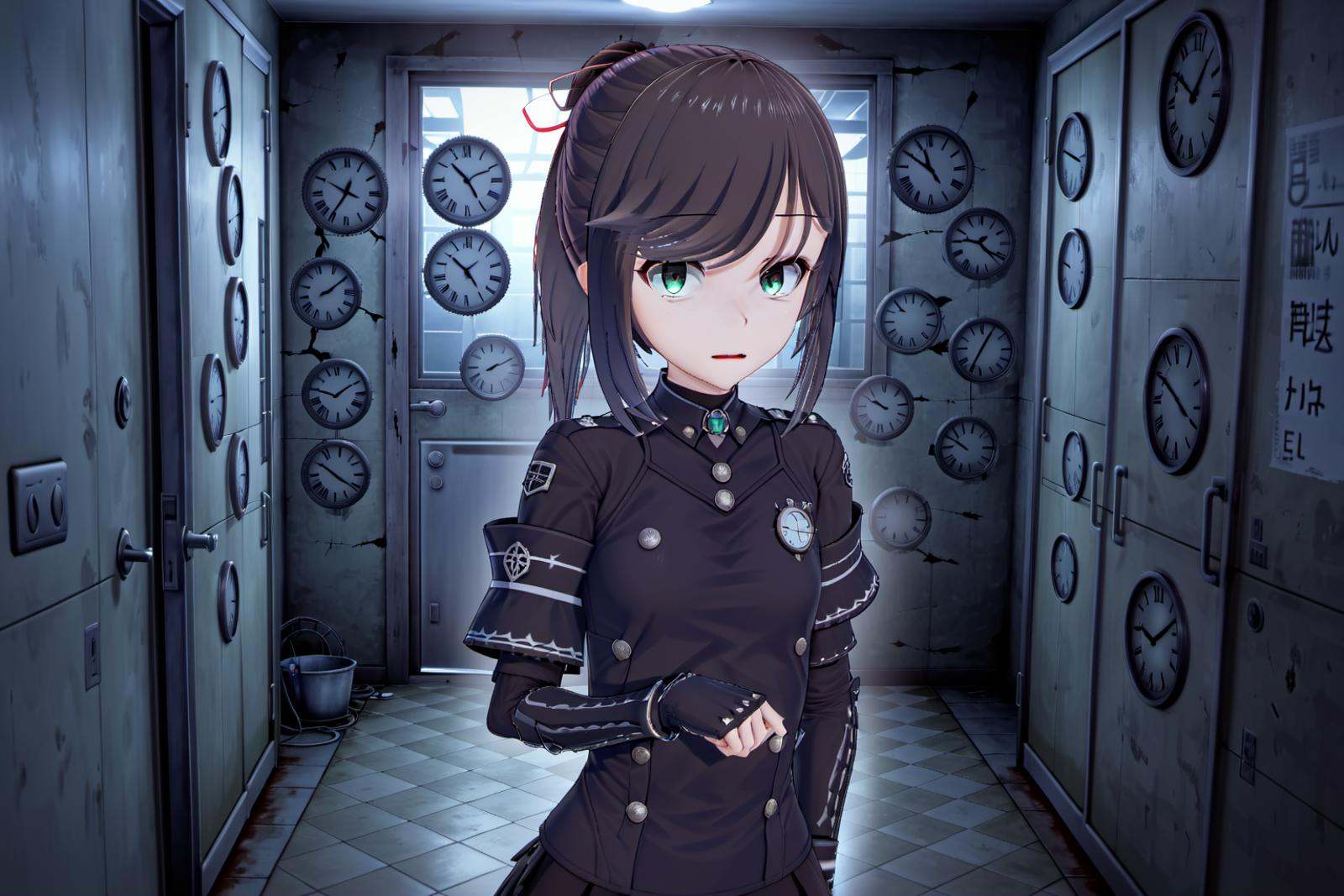 combat armor,  holding a gun,  room with clocks on Tensor.Art