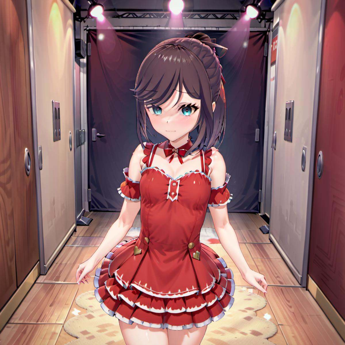 red idol dress,  ponytail,  looking at viewer on Tensor.Art