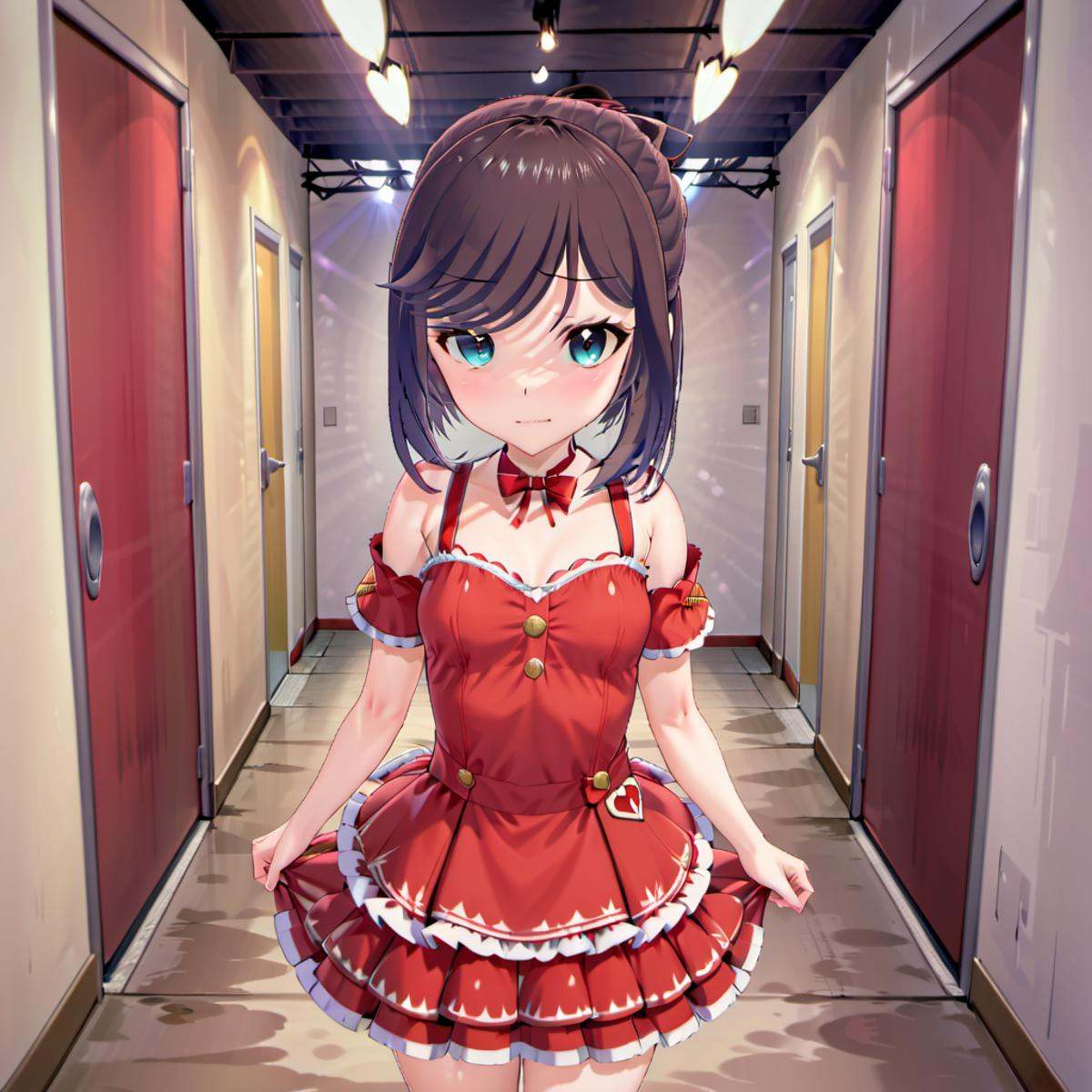 red idol dress,  ponytail,  looking at viewer on Tensor.Art