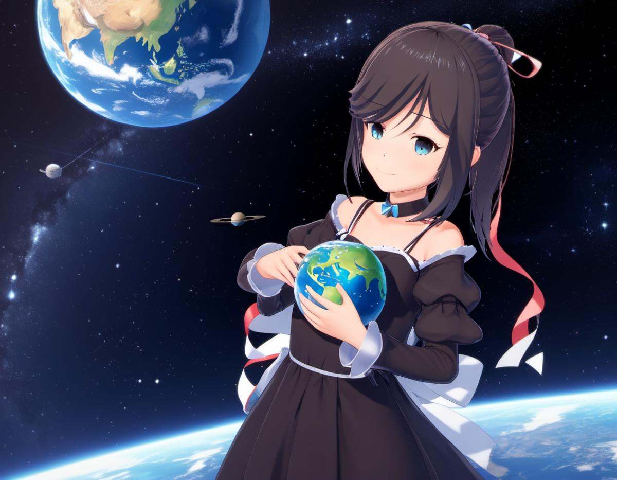 A girl holding planet earth between her hands,  jvdaniang,  planet size on Tensor.Art