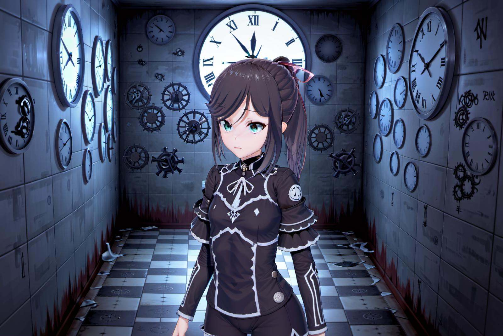combat armor,  holding a gun,  room with clocks on Tensor.Art