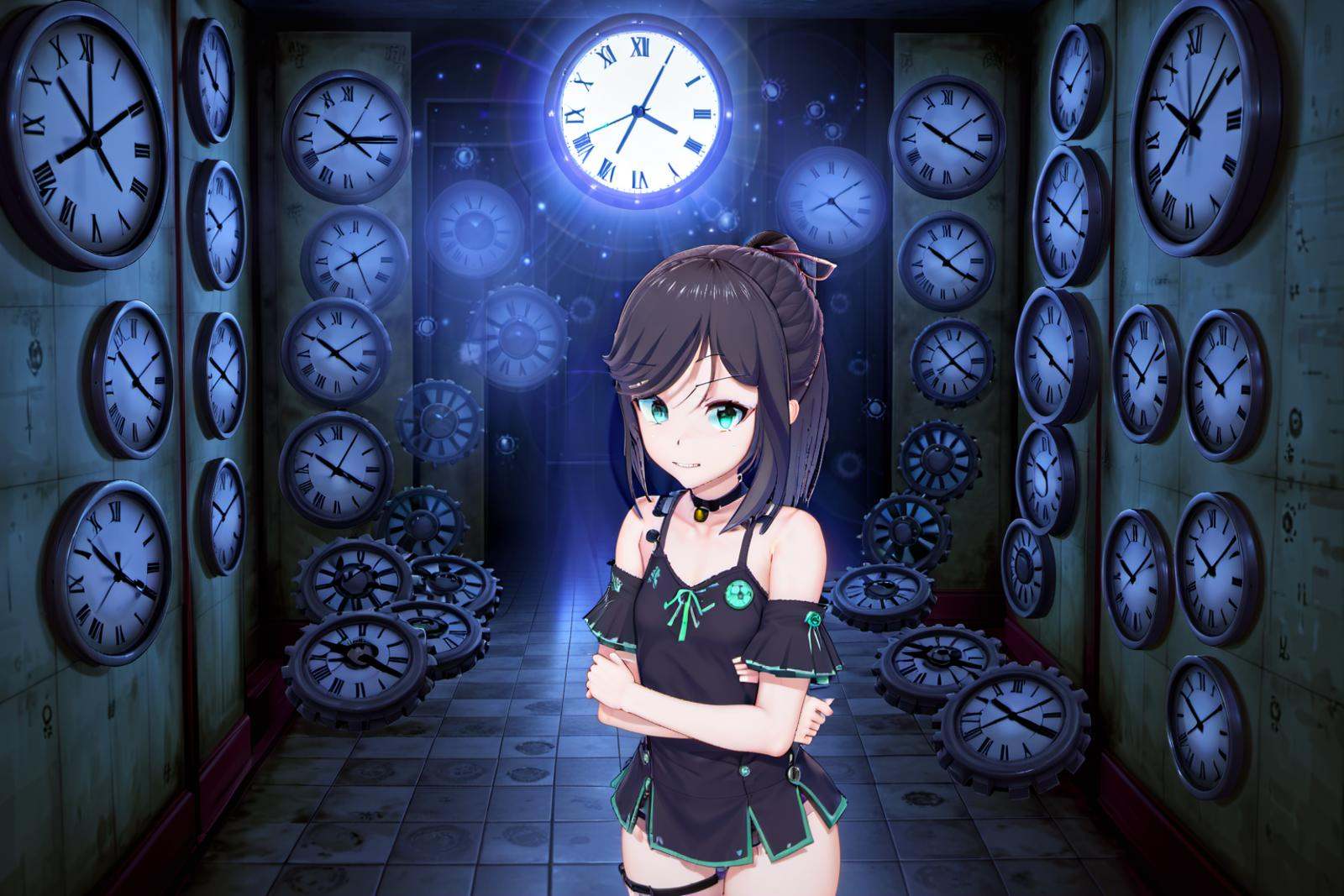 combat armor,  holding a gun,  room with clocks on Tensor.Art