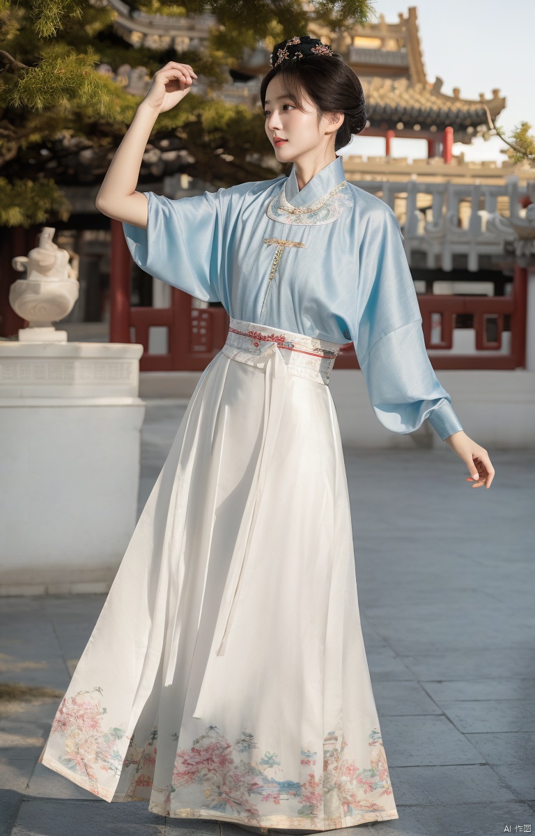 1girl, mamianqun, dancing wantonly in a square, super realistic, good-looking girl, medium chest, thin waist, Chinese eldest lady, behind is the traditional Chinese palace,