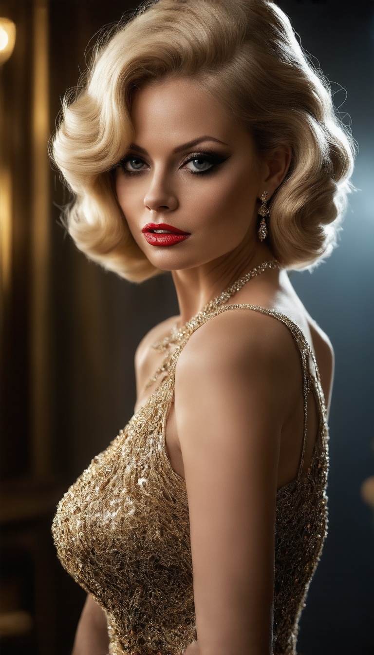 (A beguilingly elegant femme fatale,  reminiscent of old Hollywood glamour,  exudes the allure of "Casablanca" in every po...
