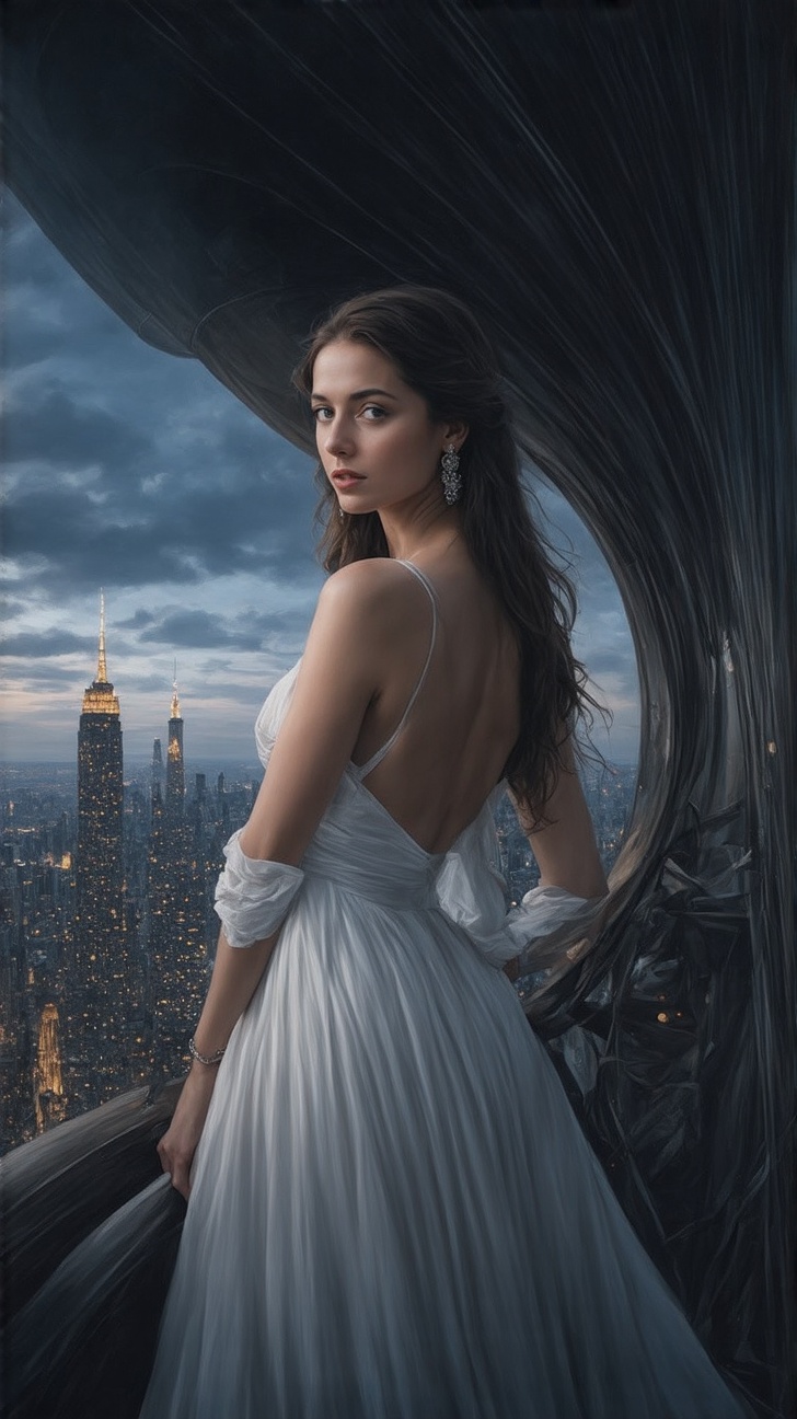 A stunning hyper-realistic portrait of the alluring 20-year-old neighbor's wife,  her porcelain doll-like features perfect...