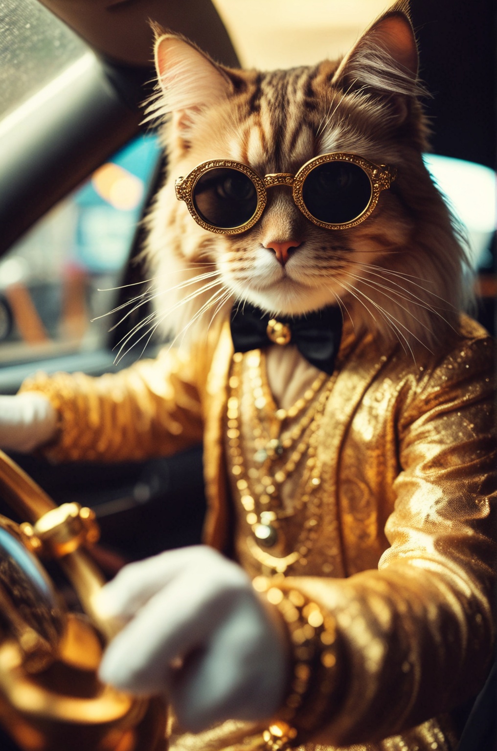 long hair cat man,  A closeup of fantastical image of a cat man wear glasses and wears a gold-plate dress,  black glasses...