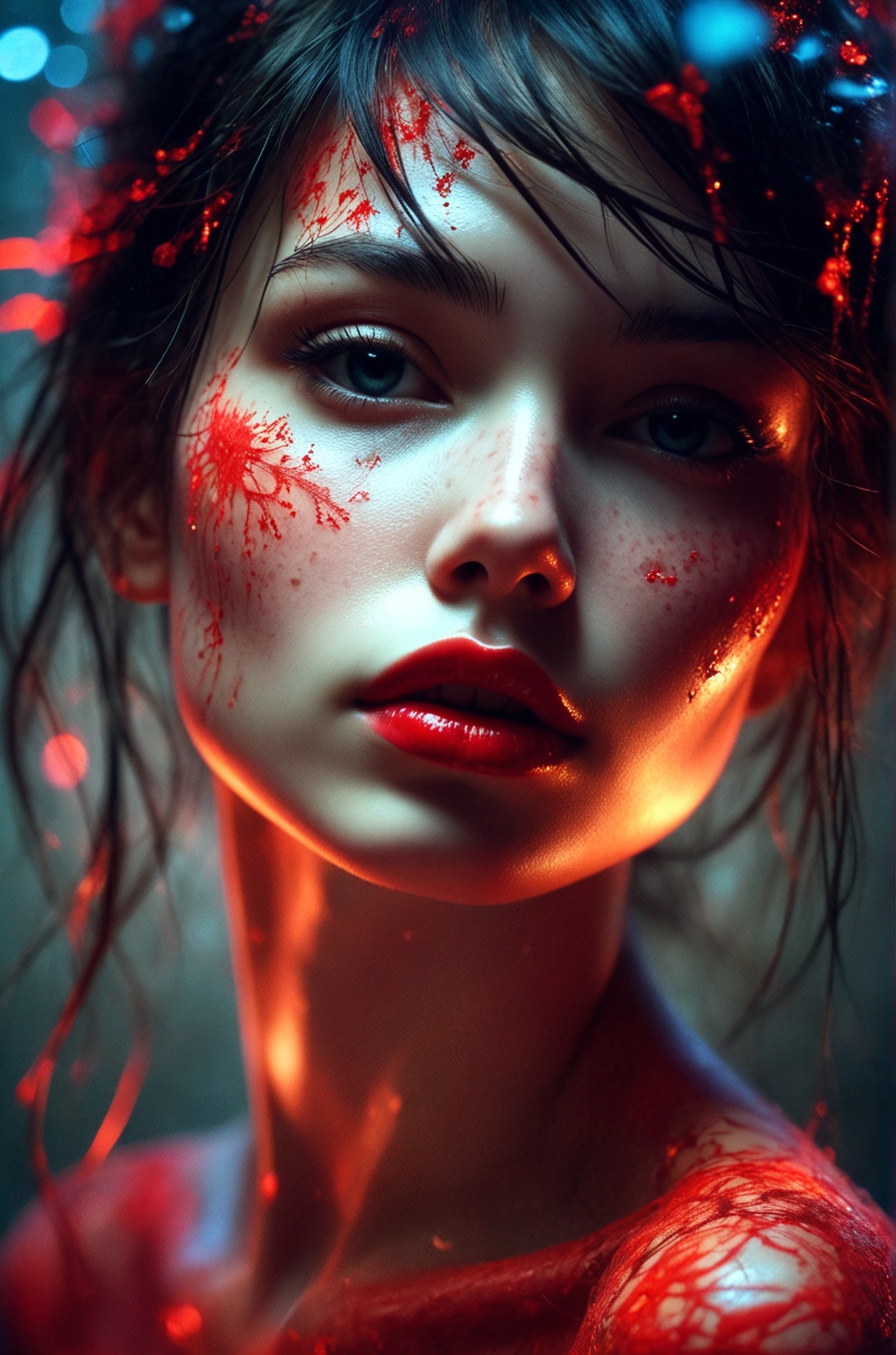 Close-up face,  mysterious silhouette of an exotic girl in worn down clothing,  red cosmetic over face goddess on Tensor.Art