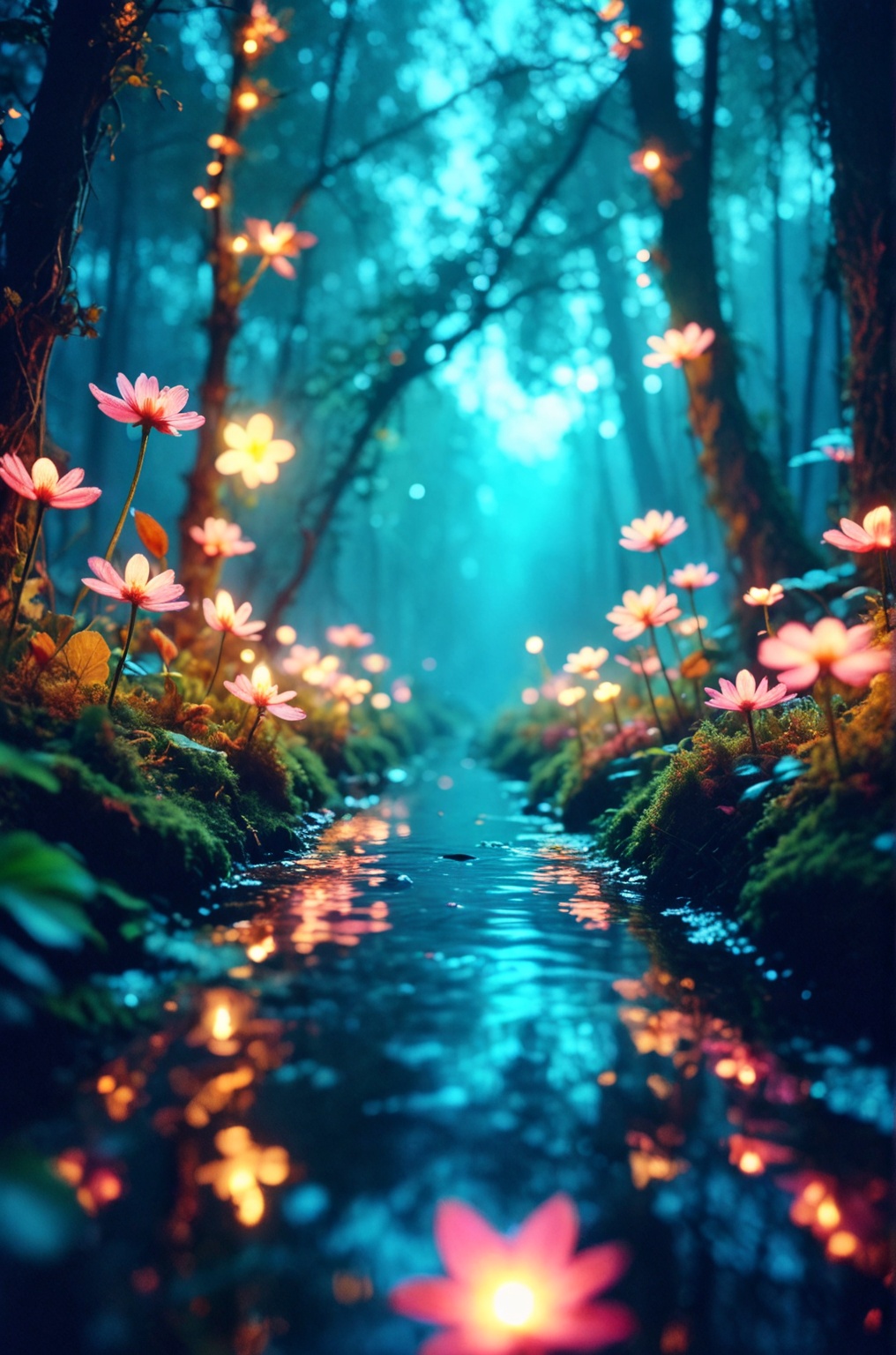 a forest at night with flowers,  river,  vibrant colors on Tensor.Art