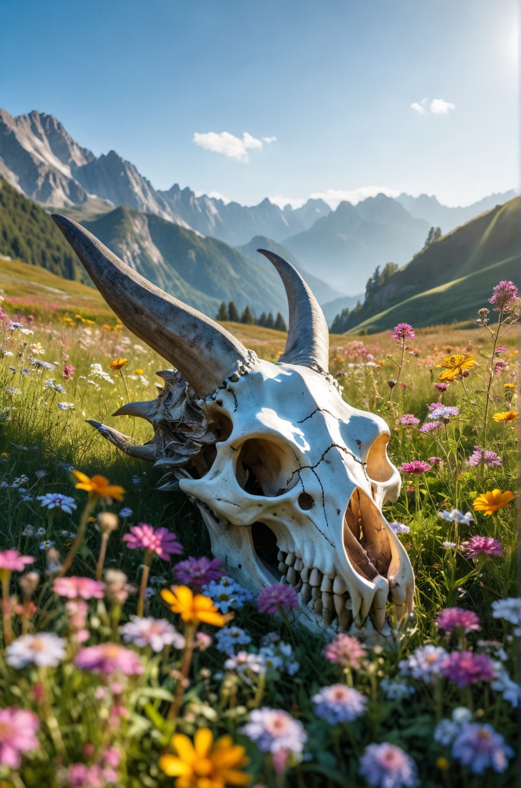 In a serene sunlit meadow filled with vibrant wildflowers,  a massive dragon skull lies partially buried,  the skull's for...