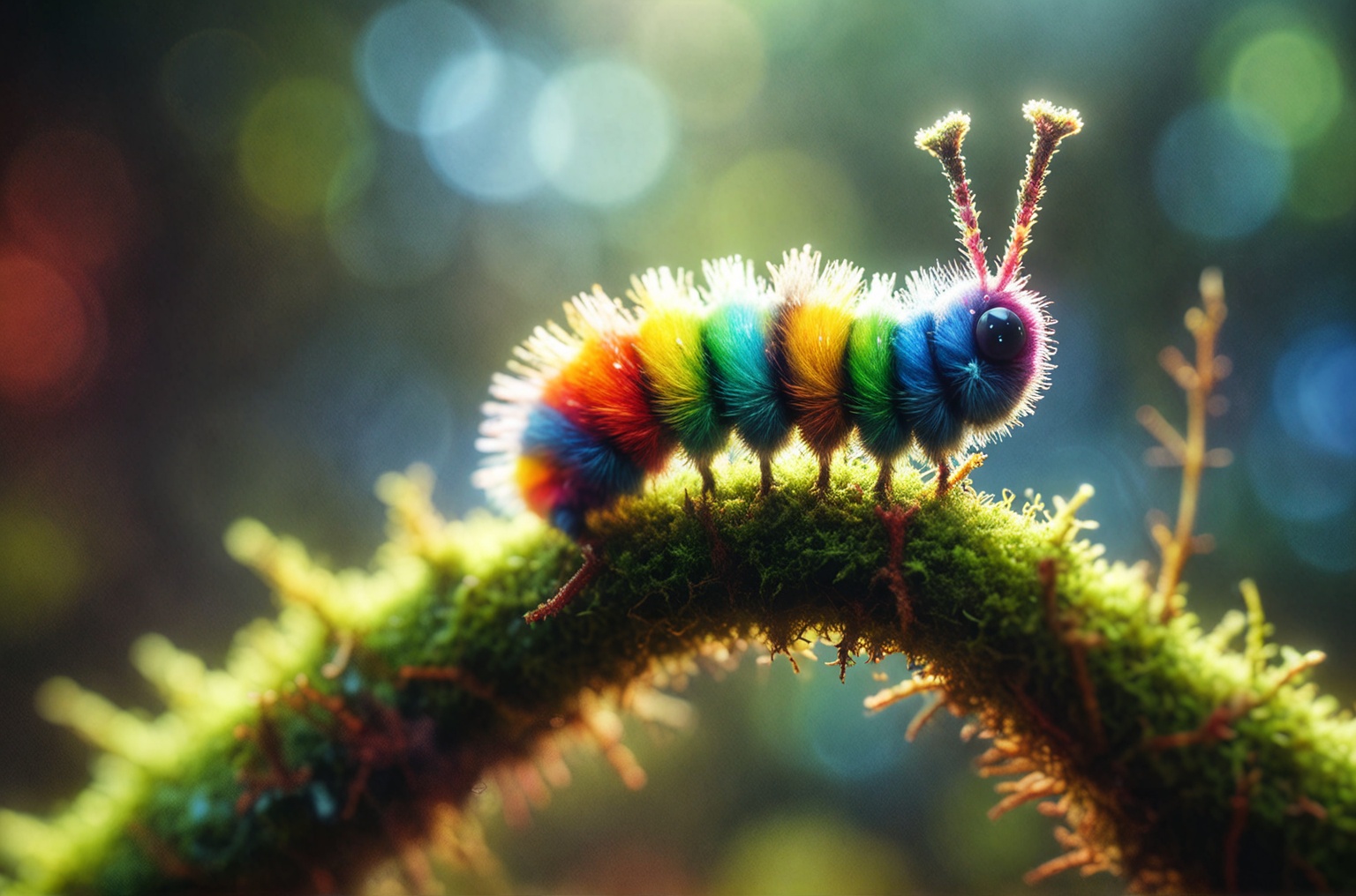 A photo of a rainbow colored caterpillar on a moss covered branch,  backlit,  translucent on Tensor.Art