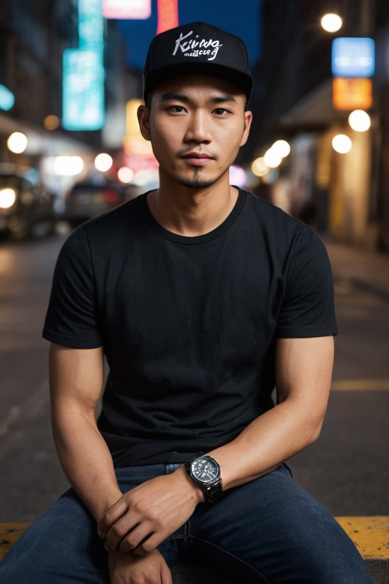 A cinematic portrait of an Indonesian male musician in his late 38s,  balding 0,  02mm hairstyle on Tensor.Art