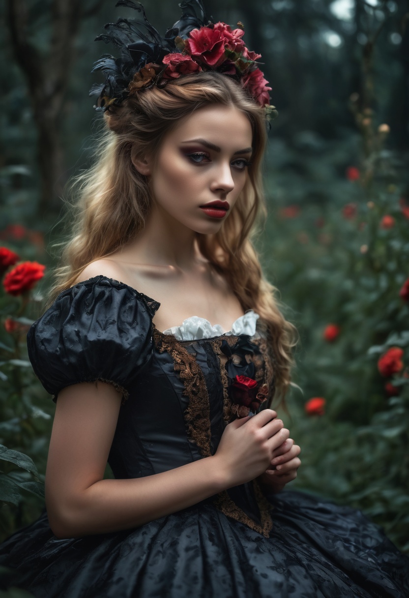 Enigmatic and beautiful woman in an Alice in Wonderland setting,  crying obsidian black tears,  deep emotional expression...