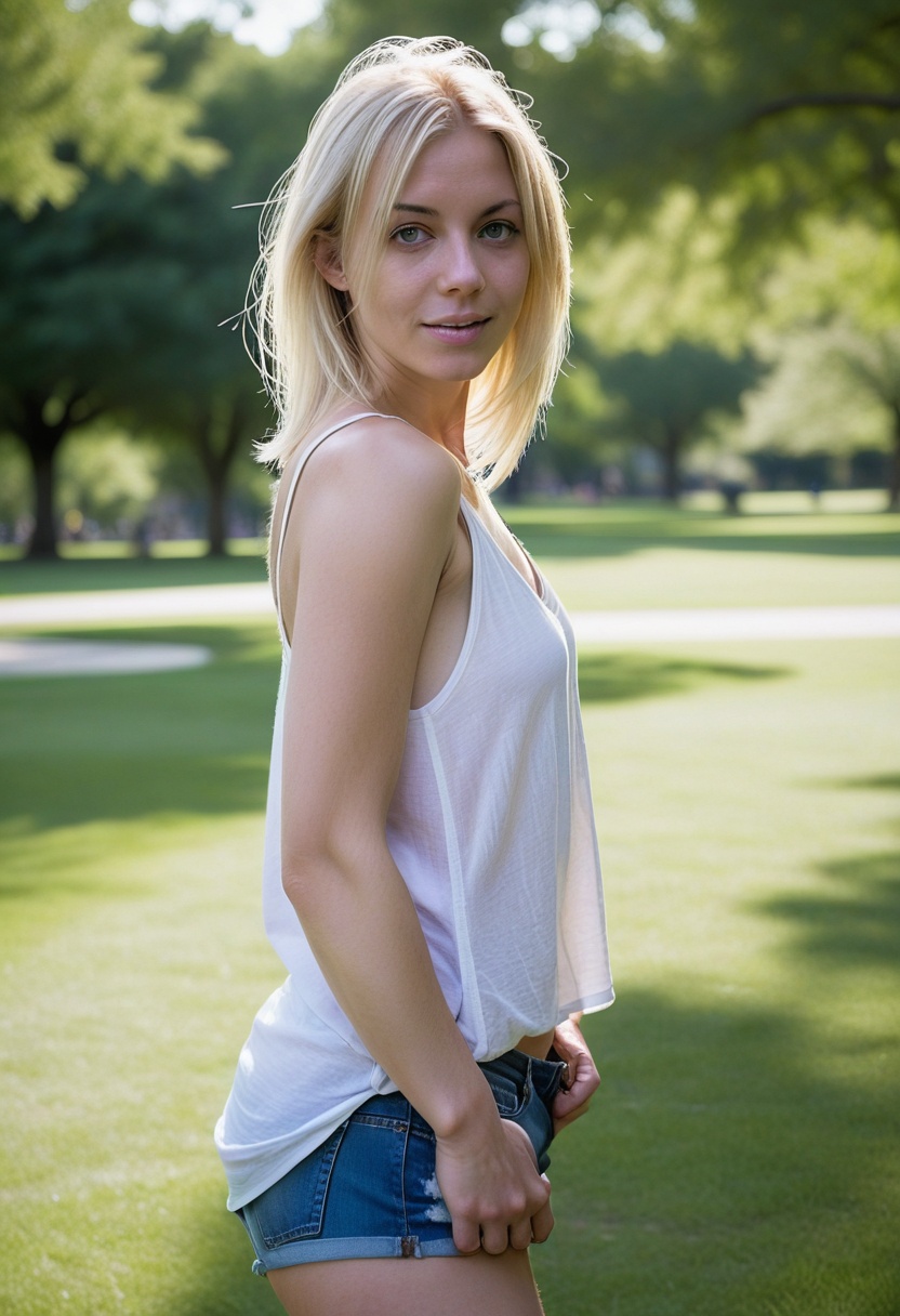 A carefree young woman,  30 years old with blonde hair,  stands in a sunny park on a warm day. She wears an oversized loos...