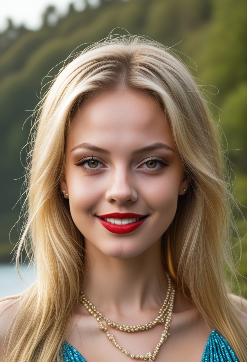 A stunning young woman with long,  golden locks and a radiant smile gazes directly at the viewer,  her piercing eyes spark...