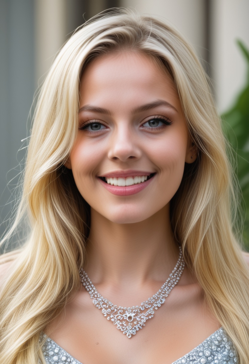 A stunning portrait of a single blonde girl with luscious long hair,  gazing directly at the viewer with a radiant smile....