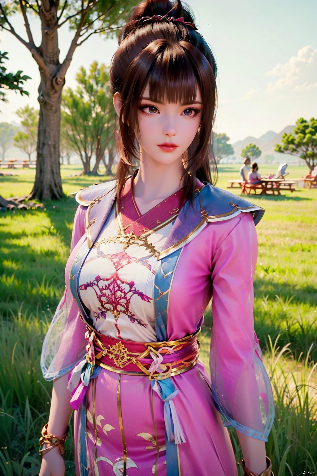 flowers,huge flowers,parks, meadows,1 girl, bangs,blunt bangs, brown hair, chinese clothes, japanese clothes,eyelashes, hair ornament,long hair, makeup, mole, mole under eye,solo,lipstick,purple eyes, realistic, red lips, bracelet, brown eyes,dress, jewelry,pink dress, ponytail, sash,looking at viewer,Above calf