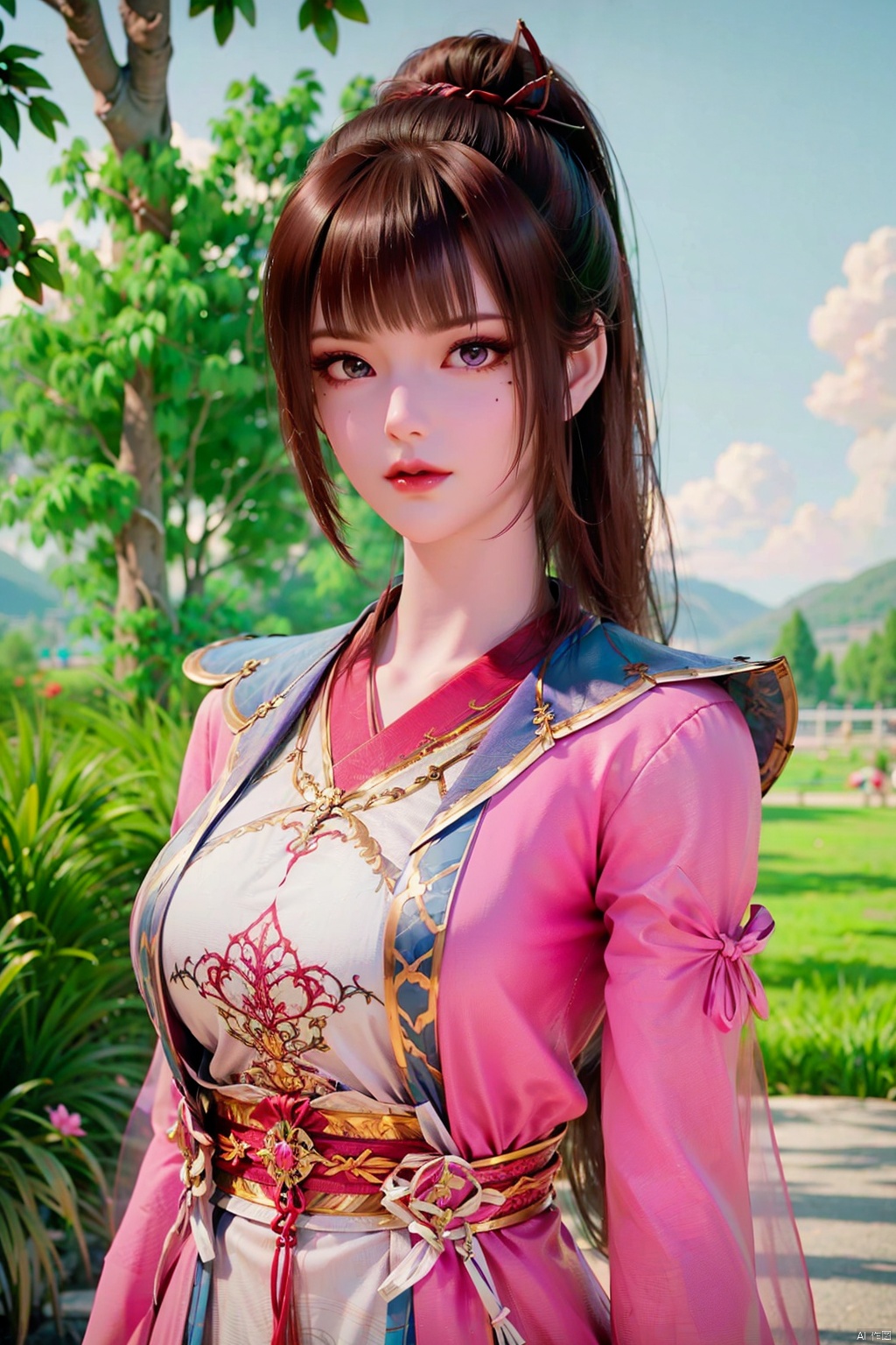 flowers,huge flowers,parks, meadows,1 girl, bangs,blunt bangs, brown hair, chinese clothes, japanese clothes,eyelashes, hair ornament,long hair, makeup, mole, mole under eye,solo,lipstick,purple eyes, realistic, red lips, bracelet, brown eyes,dress, jewelry,pink dress, ponytail, sash,looking at viewer,Above calf