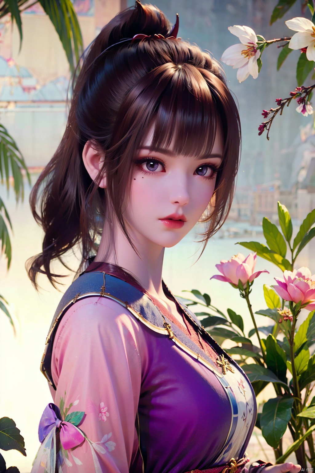 flowers,huge flowers,parks, meadows,1 girl, bangs,blunt bangs, brown hair, chinese clothes, japanese clothes,eyelashes, hair ornament,long hair, makeup, mole, mole under eye,solo,lipstick,purple eyes, realistic, red lips, bracelet, brown eyes,dress, jewelry,pink dress, ponytail, sash,looking at viewer,Above calf