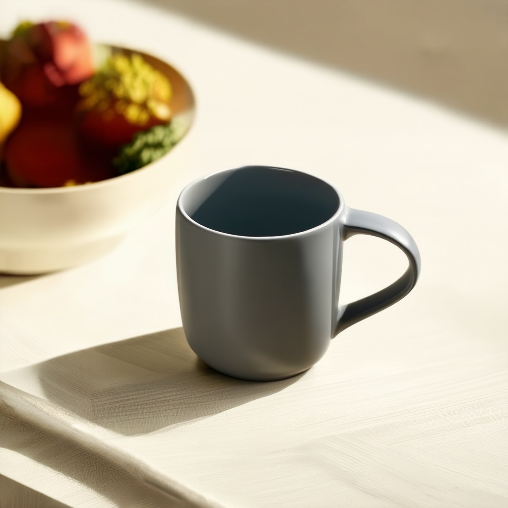 Apologies for the confusion. Create a detailed product illustration of a sleek,  modern ceramic cup placed on a clean,  wo...