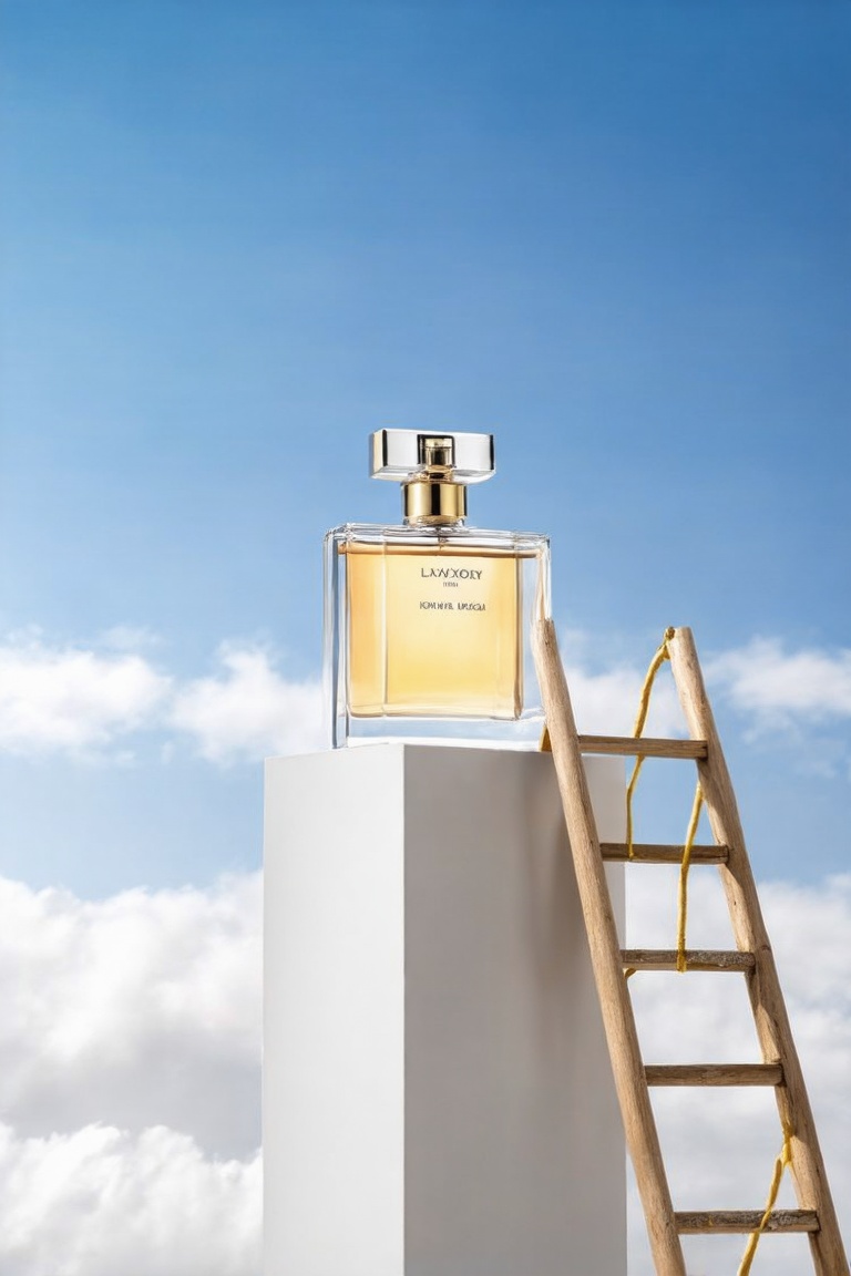 The image depicts a surreal scene where a large,  transparent perfume bottle with a golden hue is placed atop a white,  re...