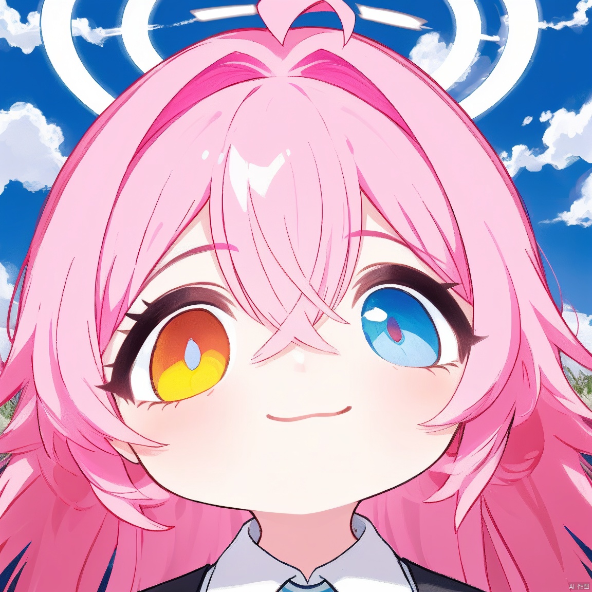 masterpiece, best quality, chibi, 1girl, hoshino \(blue archive\), heterochromia, solo, pink hair, halo, yellow eyes, ahoge, blue eyes, looking at viewer, long hair, shirt, hair between eyes, white shirt, sky, smile, portrait, closed mouth, cloud, :3, collared shirt, blue sky, outdoors, pink halo