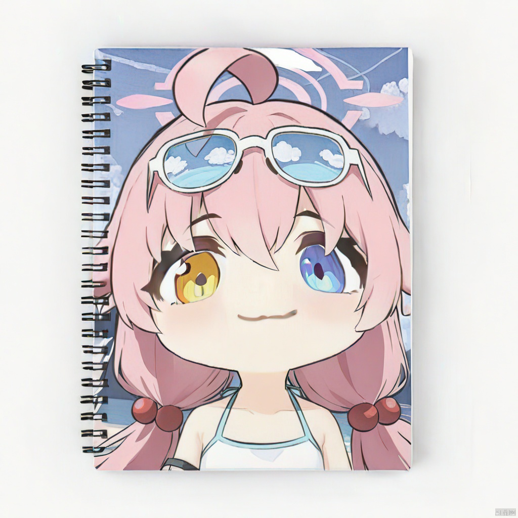 masterpiece, best quality,
chibi, 1girl, hoshino \(blue archive\), heterochromia, solo, eyewear on head, hoshino \(swimsuit\) \(blue archive\), pink hair, sunglasses, blue eyes, looking at viewer, ahoge, hair ornament, yellow eyes, smile, hair bobbles, halo, hair between eyes, low twintails, portrait, :3, twintails, tinted eyewear, official alternate costume, closed mouth, long hair, blue-tinted eyewear, white-framed eyewear,notebook cover, content on the cover