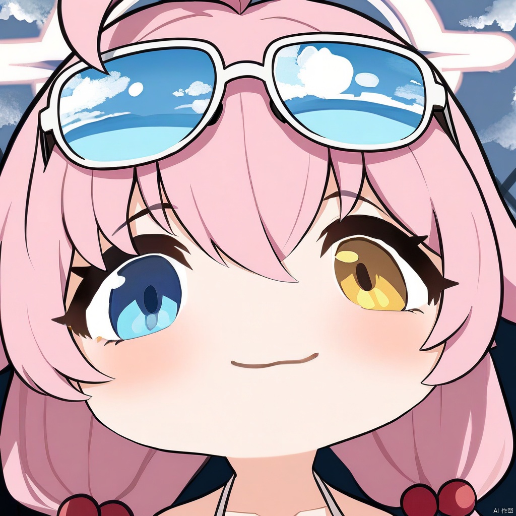 masterpiece, best quality,
chibi, 1girl, hoshino \(blue archive\), heterochromia, solo, eyewear on head, hoshino \(swimsuit\) \(blue archive\), pink hair, sunglasses, blue eyes, looking at viewer, ahoge, hair ornament, yellow eyes, smile, hair bobbles, halo, hair between eyes, low twintails, portrait, :3, twintails, tinted eyewear, official alternate costume, closed mouth, long hair, blue-tinted eyewear, white-framed eyewear