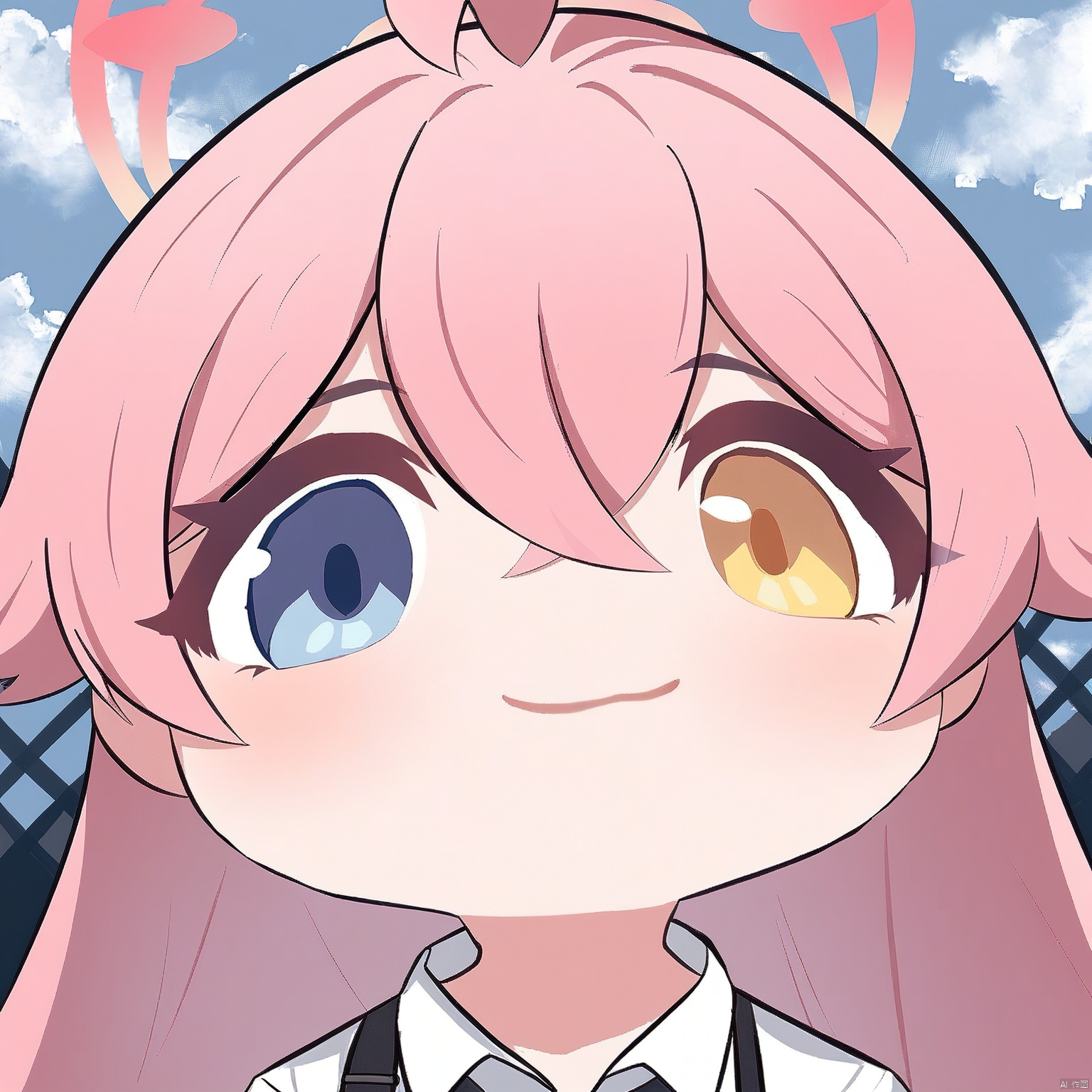 score_9,score_8_up,score_7_up,score_9,score_8_up,score_7_up,chibi, portrait,chibi, 1girl, hoshino \(blue archive\), heterochromia, solo, pink hair, halo, yellow eyes, ahoge, blue eyes, looking at viewer, long hair, shirt, hair between eyes, white shirt, sky, smile, portrait, closed mouth, cloud, :3, collared shirt, blue sky, outdoors, pink halo