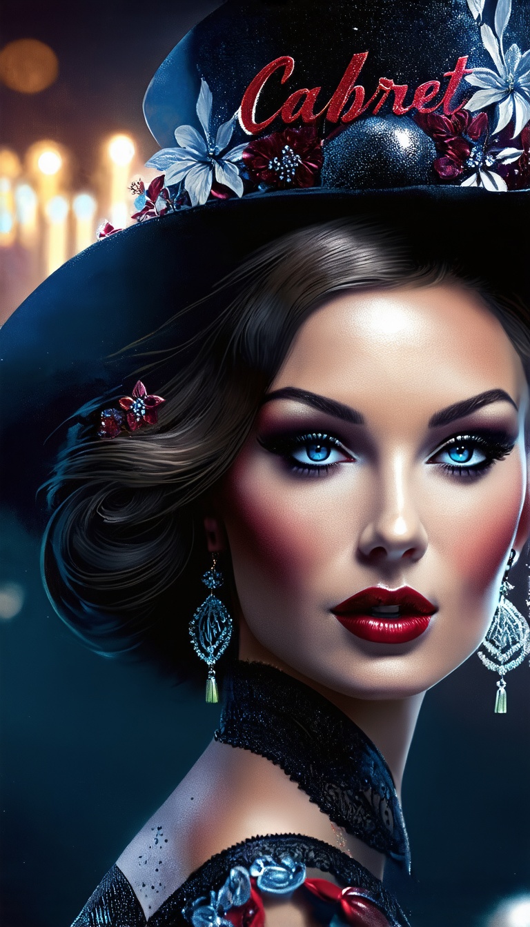 (Draw a very beautiful woman on the theme of "Cabaret",  a background that matches the theme,  and dramatic lighting) on T...