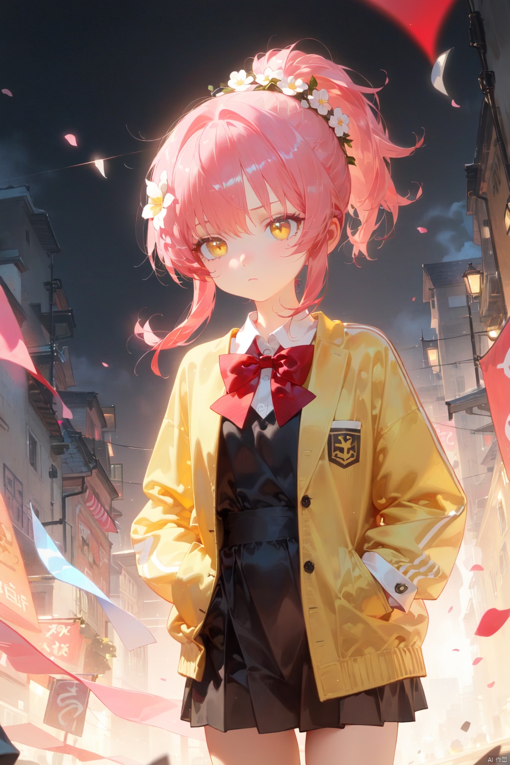 (best quality), ((masterpiece)), (highres),standing,original, extremely detailed wallpaper, (an extremely delicate and beautiful),(loli),(petite),Pink hair,Yellow eyes, (red Jacket),high ponytail,white collared shirt,hair flower,fipped hair,floating hair,Frown,hands in pockets,black dress,red bowtie,(solo)