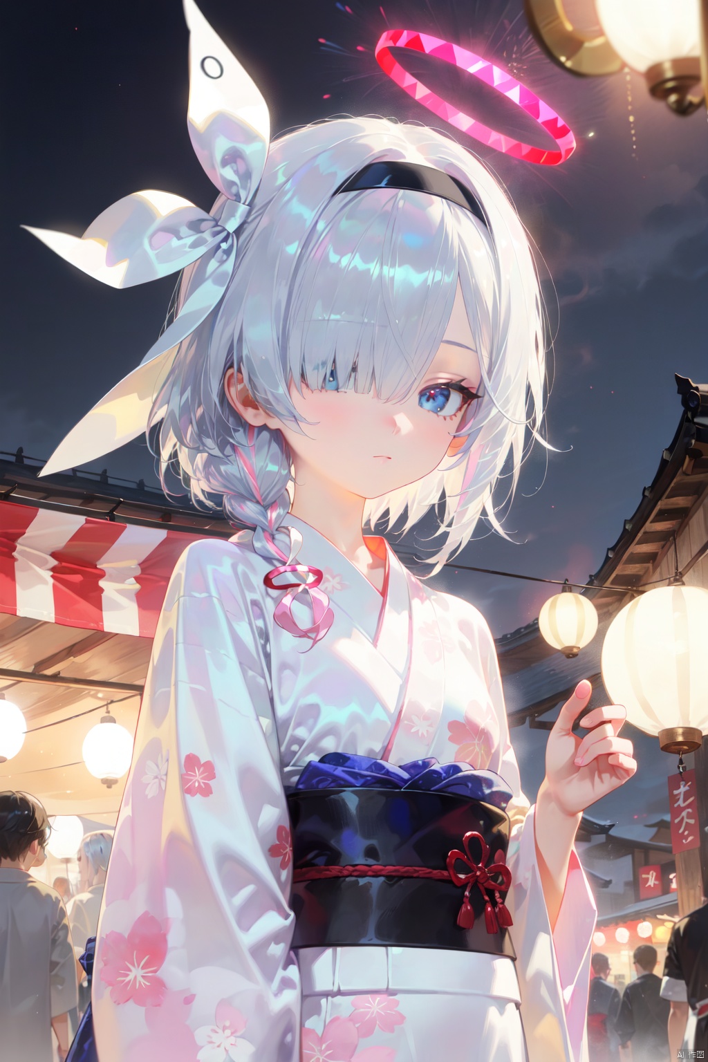 1girl, fireworks, hair over one eye, solo, japanese clothes, hairband, kimono, looking at viewer, long hair, braid, multicolored hair, lantern, halo, pink hair, blue eyes, upper body, letterboxed, night, colored inner hair, black hairband, closed mouth, white hair, bangs, holding, black kimono, outdoors, arona \(blue archive\), paper lantern, virtual youtuber, sky, yukata, ribbon, long sleeves, sash, obi, festival, two-tone hair, bow hairband, side braid, white ribbon, single braid