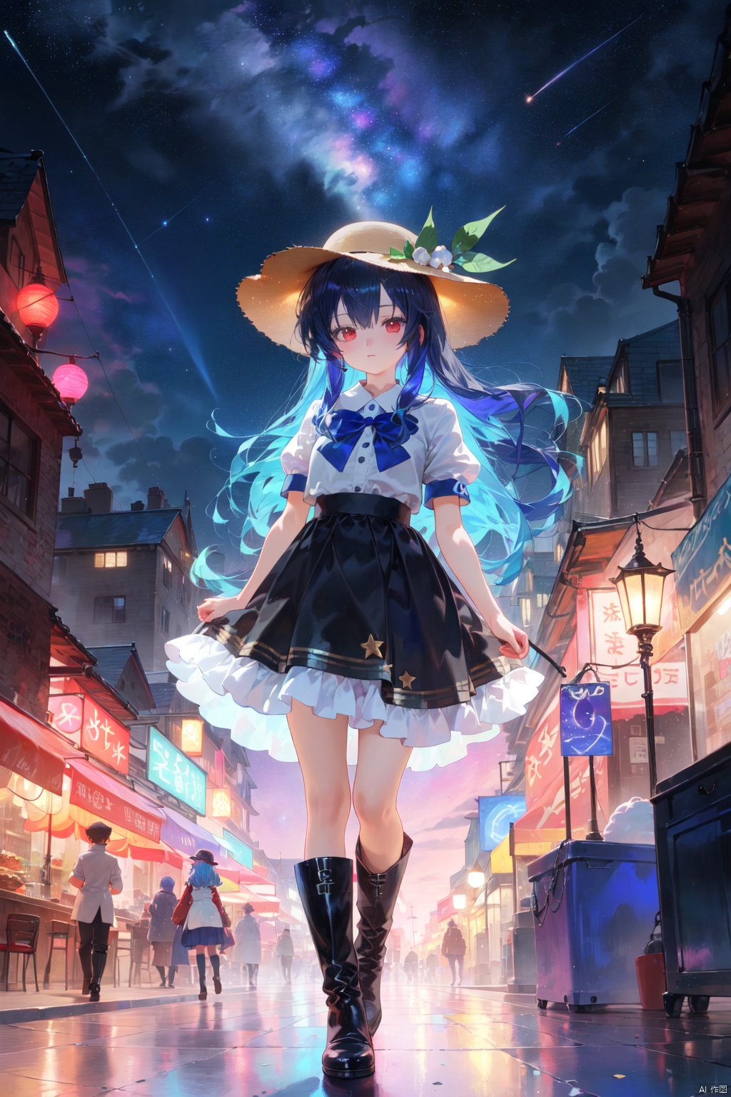 1girl, aurora, black_footwear, black_headwear, blouse, blue_bow, blue_hair, blue_skirt, boots, bow, city_lights, cloud, earth_\(planet\), food, frills, fruit, galaxy, hat, hinanawi_tenshi, keystone, knee_boots, leaf, light_particles, long_hair, looking_at_viewer, milky_way, night, night_sky, peach, petticoat, planet, puffy_short_sleeves, puffy_sleeves, red_eyes, shirt, shooting_star, short_sleeves, skirt, sky, solo, space, star_\(sky\), starry_sky, very_long_hair