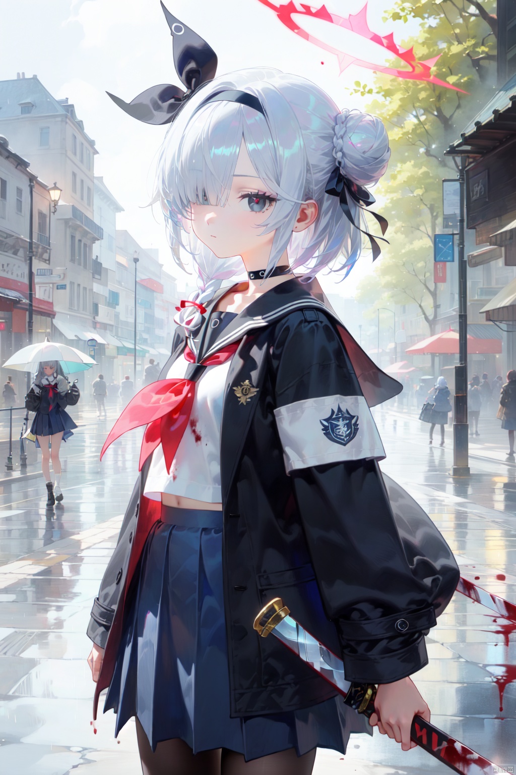 1girl, solo, neckerchief, school uniform, red neckerchief, skirt, halo, rain, weapon, serafuku, sailor collar, holding, sword, hairband, holding weapon, unsheathing, blood, braid, holding sword, hair over one eye, katana, sheath, pleated skirt, choker, blood on face, bandages, closed mouth, holding sheath, black hairband, black choker, looking at viewer, open clothes, black skirt, black eyes, white hair, jacket, long sleeves, shirt, forest, bangs, blood on clothes, black jacket, hair bun, nature, black sailor collar, black serafuku, single braid, armband, side braid, outdoors, blue serafuku, open jacket, ribbon, open coat, short hair, grey eyes, standing, white ribbon, bandaged arm, tree, coat, medium hair, hair ribbon, black coat, night, grey hair, scabbard, blue skirt, blue shirt, cowboy shot, sheathed, single hair bun, bow hairband, hair ornament, pantyhose, blood on weapon, hair bow, eyes visible through hair, bow