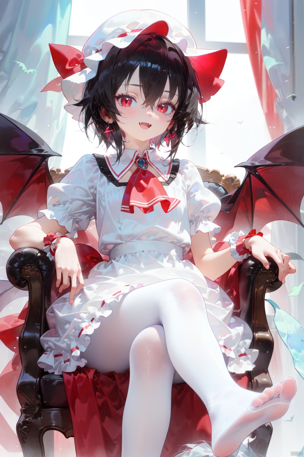 1girl, solo, remilia scarlet, hat, wings, mob cap, no shoes, sitting, pantyhose, dress, bat wings, red eyes, red ascot, smile, short sleeves, white pantyhose, puffy sleeves, wrist cuffs, collared dress, looking at viewer, short hair, ascot, open mouth, feet, puffy short sleeves, blush, fang, frills, hair between eyes, chair, crossed legs, bangs, jewelry, hat ribbon, white dress, soles, eyes visible through hair, foot focus, white headwear, red ribbon, ribbon, curtains, pink dress, toes