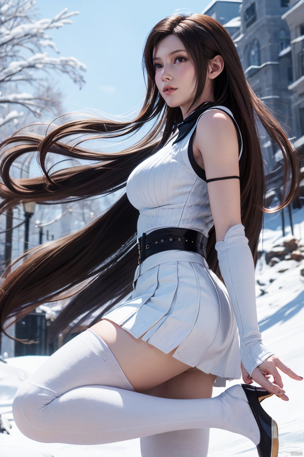 masterpiece,highres,1girl,solo,red eyes,long hair,black hair,sfw,dynamic pose,dynamic angle,,thighhighs,((white theme:1.5)),snow,outdoors,snowflakes,sleeveless,3D graphics,looking_at_viewer,tifa,,high heels,microskirt,cropped_shirt,Xtifa