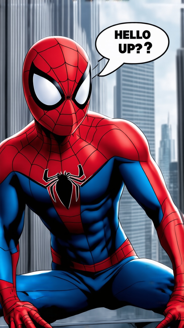 A close-up of Spider-Man, wearing his iconic red and blue suit. His mask has expressive white eye lenses that show his emotions. He is perched on a building ledge, with the cityscape of New York in the blurred background. The details of his suit, including the web patterns and the spider emblem on his chest, are clearly visible. His eyes reflect determination and readiness. (Score_9,score_8_up,score_7_up),(big word bubble with bold face on top saying "Hello?":1.2)