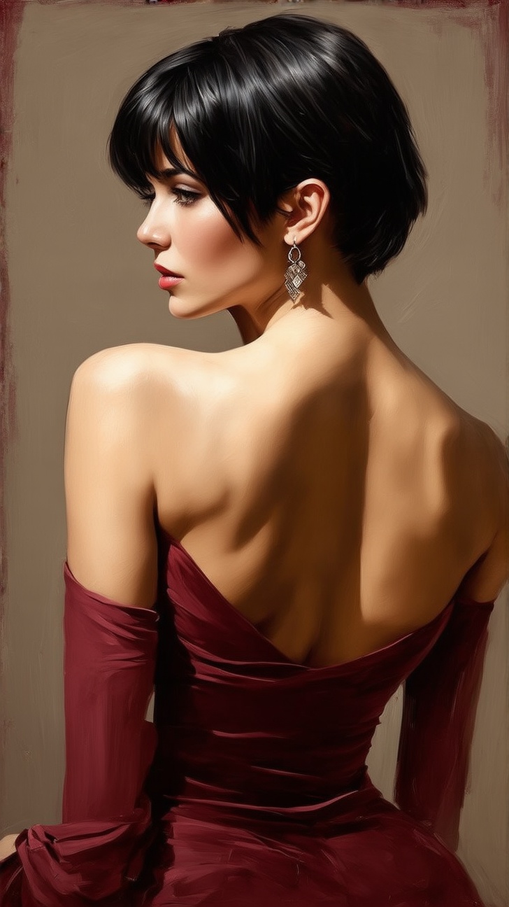 A sensual oil painting of a young woman with short,raven-black hair and hoop earrings, her bare back gleaming in warm light. (rough strokes,ethereal and mysterious atmosphere:1.1) Her solo figure is framed against a neutral background, drawing attention to the curves of her physique as she poses confidently. (Oil painting by Karol Bak:1.2),wine red backdrop,chiaroscuro lighting:1.3,(dark:1.4),ek_art_b00ster,ek_real_b00ster