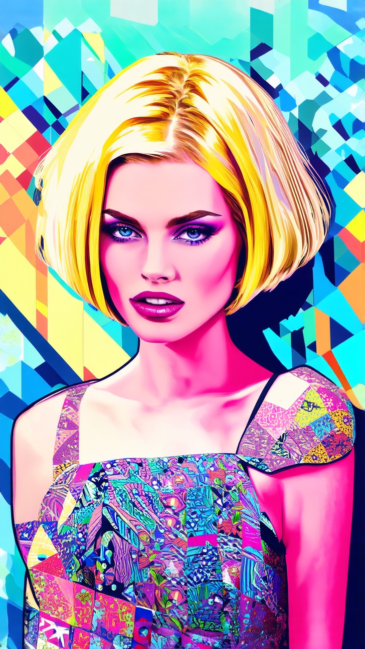 Pop art of patchwork style for a beautiful blonde model,ow key,short hair,detailed exquisite face,elegant dress,parody,mysterious and ethereal,unearthly,
ek_art_b00ster