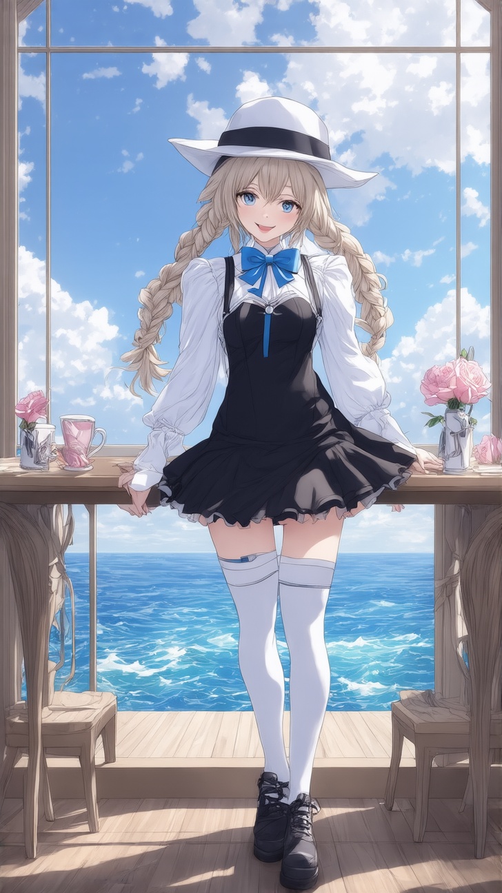 Vestal \(Azur Lane\),1girl, solo, long hair, breasts, looking at viewer, blush, smile, open mouth, bangs, blue eyes, thighhighs, long sleeves, hat, dress, bow, ribbon, holding, hair between eyes, medium breasts, standing, full body, hair ribbon, braid, short sleeves, :d, hair bow, shoes, teeth, puffy sleeves, wide sleeves, necklace, black footwear, black dress, white thighhighs, zettai ryouiki, single braid, white headwear, wavy hair, garter straps, blue bow, short dress, leg up, standing on one leg, cross, blue ribbon, pink bow, side braid, tareme, machinery, pink ribbon, turret, nun, rigging, cross necklace, grey footwear,simple background
BREAK
backdrop:ocean view cafe,table,coffee mug,dessert,bottle,window, flower,ocean,sky,cluttered maximalism,girl focus
BREAK 
settings:(rule of thirds:1.3),perfect composition,depth of perspective,studio photo,trending on artstation,(Masterpiece,Best quality,32k,UHD:1.4),(sharp focus,high contrast,HDR,hyper-detailed,intricate details,ultra-realistic,kodachrome 800:1.3),(chiaroscuro lighting),by Karol Bak$,Gustav Klimt$ and Hayao Miyazaki$,ek_ani_b00ster