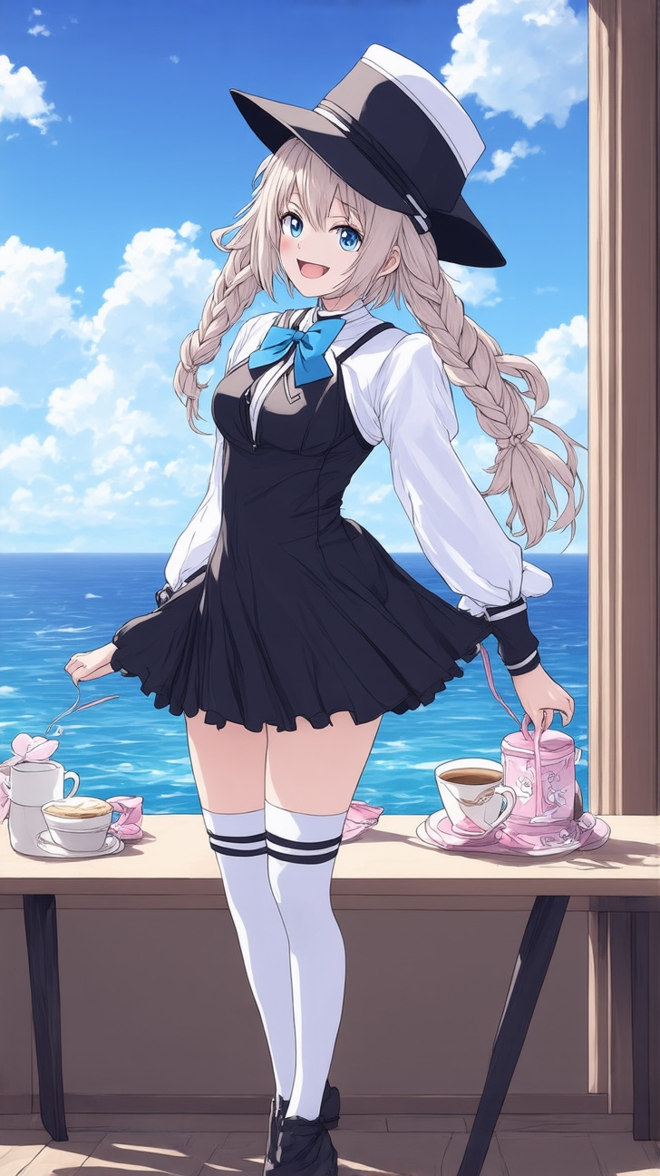 Vestal \(Azur Lane\),1girl, solo, long hair, breasts, looking at viewer, blush, smile, open mouth, bangs, blue eyes, thighhighs, long sleeves, hat, dress, bow, ribbon, holding, hair between eyes, medium breasts, standing, full body, hair ribbon, braid, short sleeves, :d, hair bow, shoes, teeth, puffy sleeves, wide sleeves, necklace, black footwear, black dress, white thighhighs, zettai ryouiki, single braid, white headwear, wavy hair, garter straps, blue bow, short dress, leg up, standing on one leg, cross, blue ribbon, pink bow, side braid, tareme, machinery, pink ribbon, turret, nun, rigging, cross necklace, grey footwear,simple background
BREAK
backdrop:ocean view cafe,table,coffee mug,dessert,bottle,window, flower,ocean,sky,cluttered maximalism,girl focus
BREAK 
settings:(rule of thirds:1.3),perfect composition,depth of perspective,studio photo,trending on artstation,(Masterpiece,Best quality,32k,UHD:1.4),(sharp focus,high contrast,HDR,hyper-detailed,intricate details,ultra-realistic,kodachrome 800:1.3),(chiaroscuro lighting),by Karol Bak$,Gustav Klimt$ and Hayao Miyazaki$,ek_ani_b00ster
