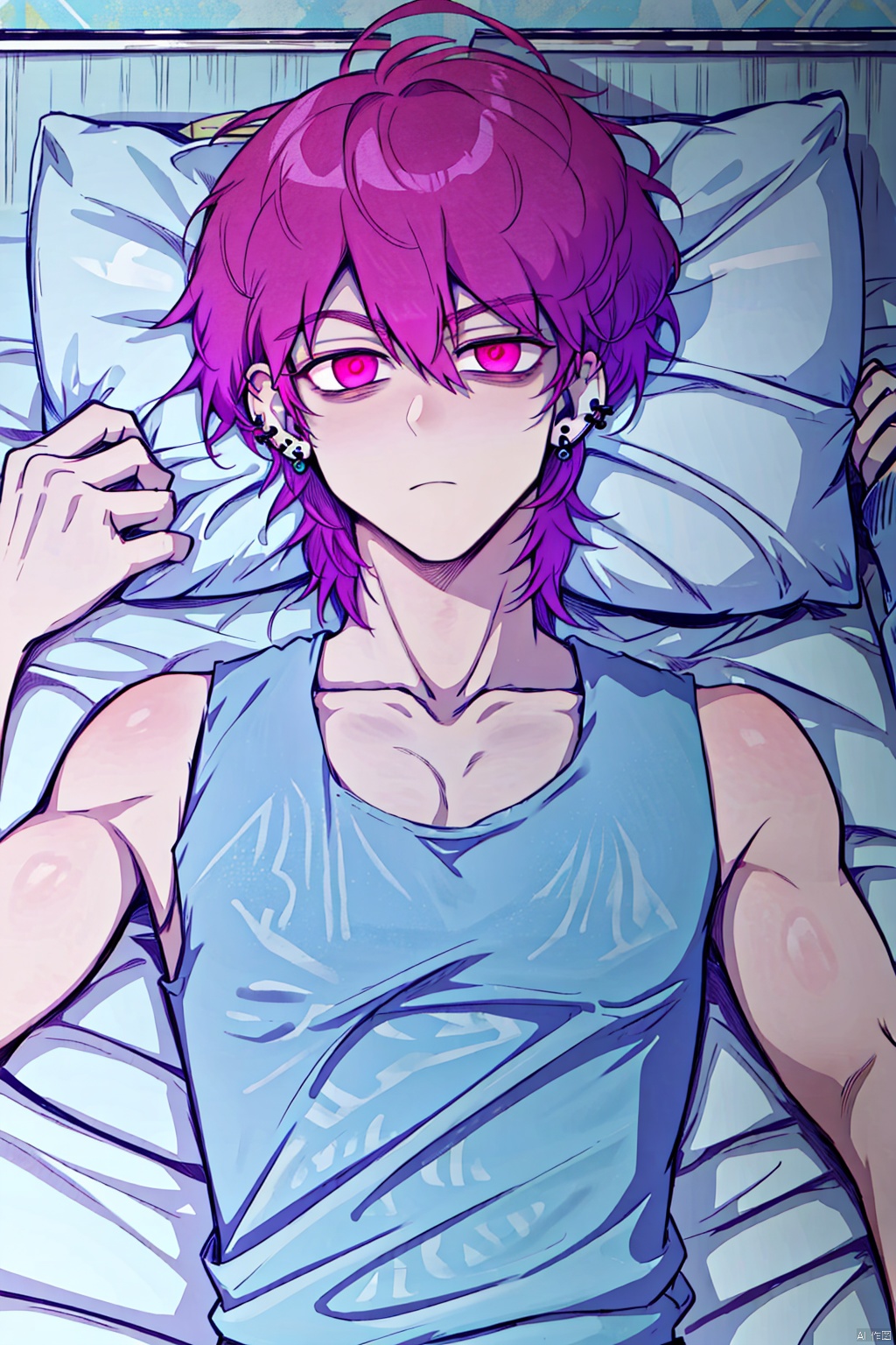 solo, shirt, 1boy, holding, jewelry, closed mouth, collarbone, upper body, pink hair, purple hair, male focus, earrings, lying, on back, pink eyes, pillow, sleeveless_shirt