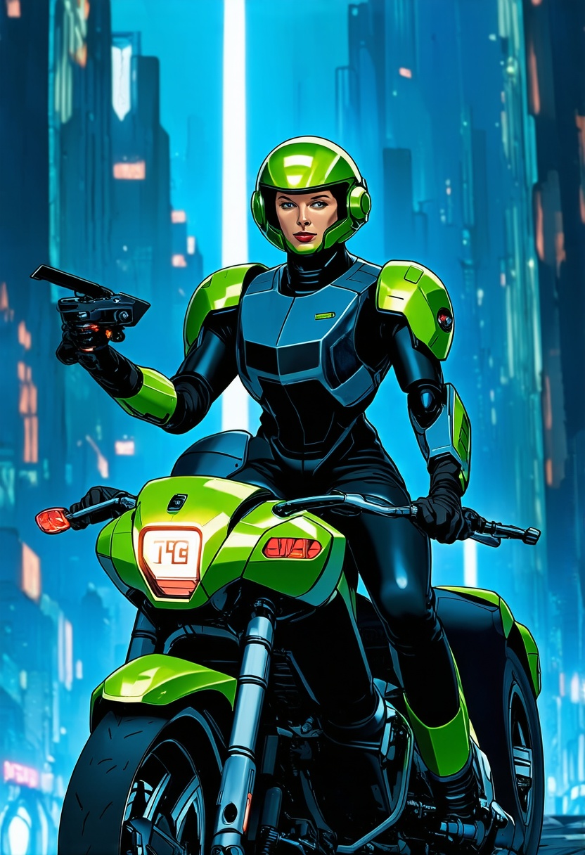 a woman with a delicate and beautiful face,  dressed in a black and green mecha,  wearing a mecha helmet on Tensor.Art