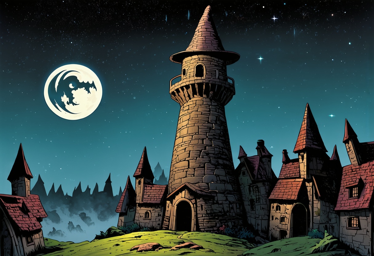 Illustration of a fantasy landscape,  featuring a ominous wizard tower floating above a medieval town,  night sky on Tenso...