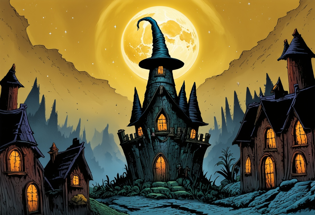 Illustration of a fantasy landscape,  featuring a ominous wizard's tower floating above a medieval town,  night sky on Ten...