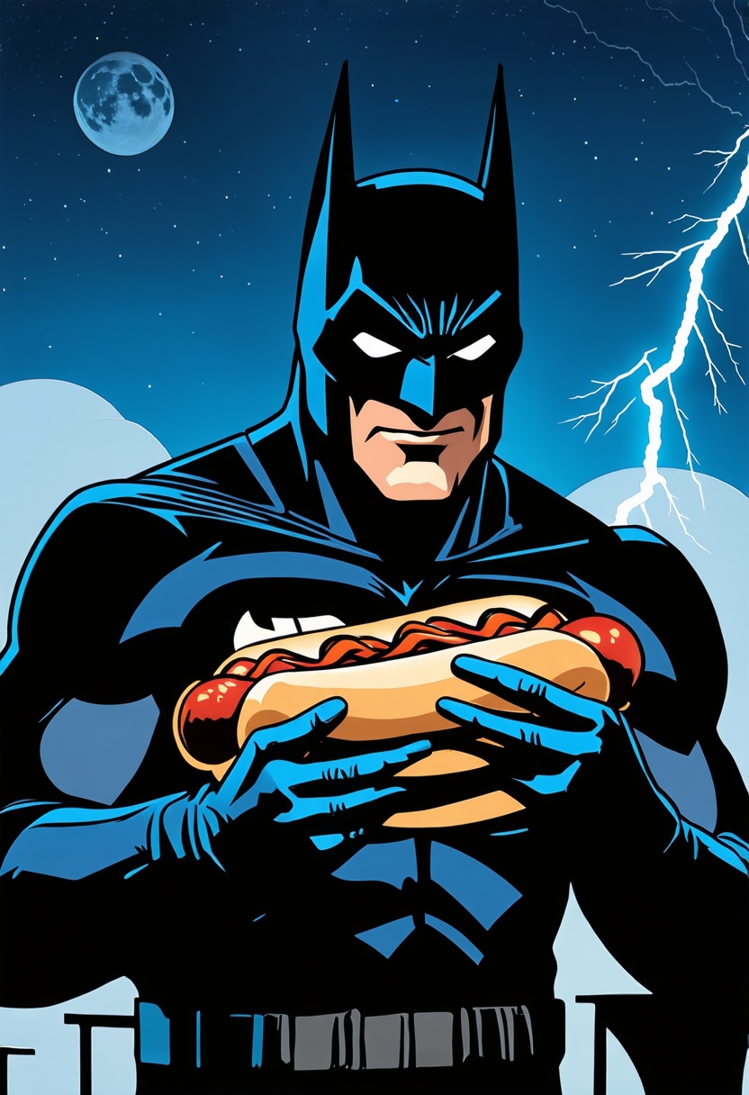 headshot portrait of Batman eating a hotdog on a rooftop,  night sky,  clouds on Tensor.Art