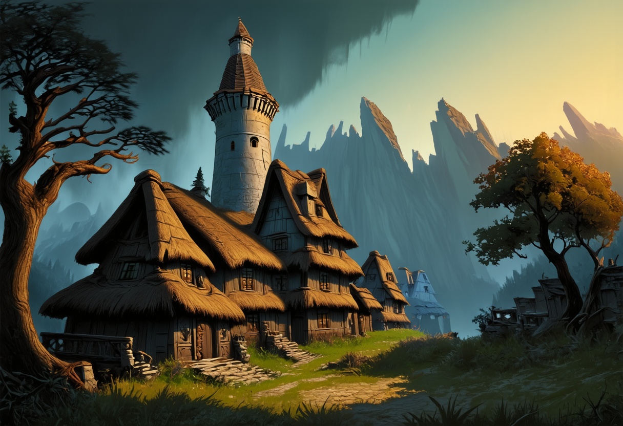 A mystical scene unfolds as the mage's ancient tower rises serenely above the quaint village,  a beacon of protection and...